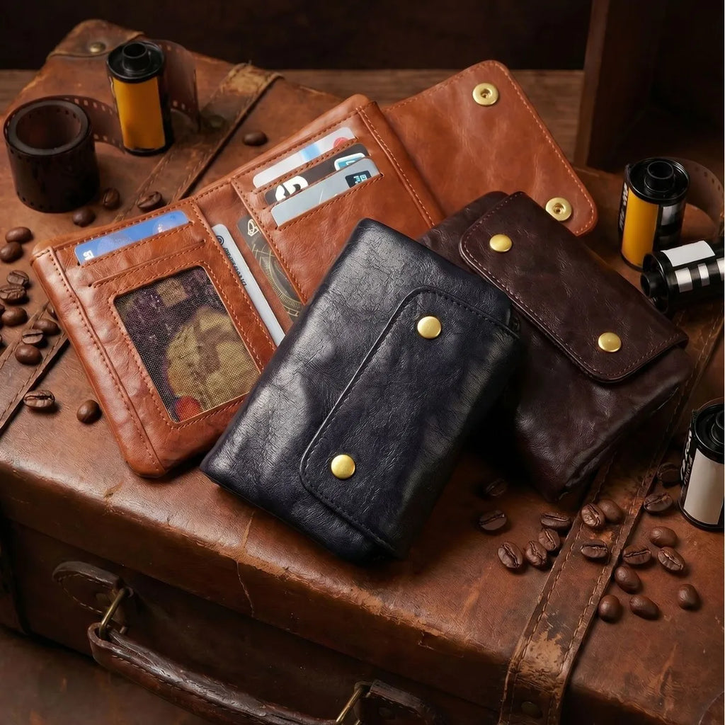 Tri fold Leather Wallet for Men | Cowhide Wallets with Double Snap Closure,1 ID and Multiple card slots Front Pocket Purses