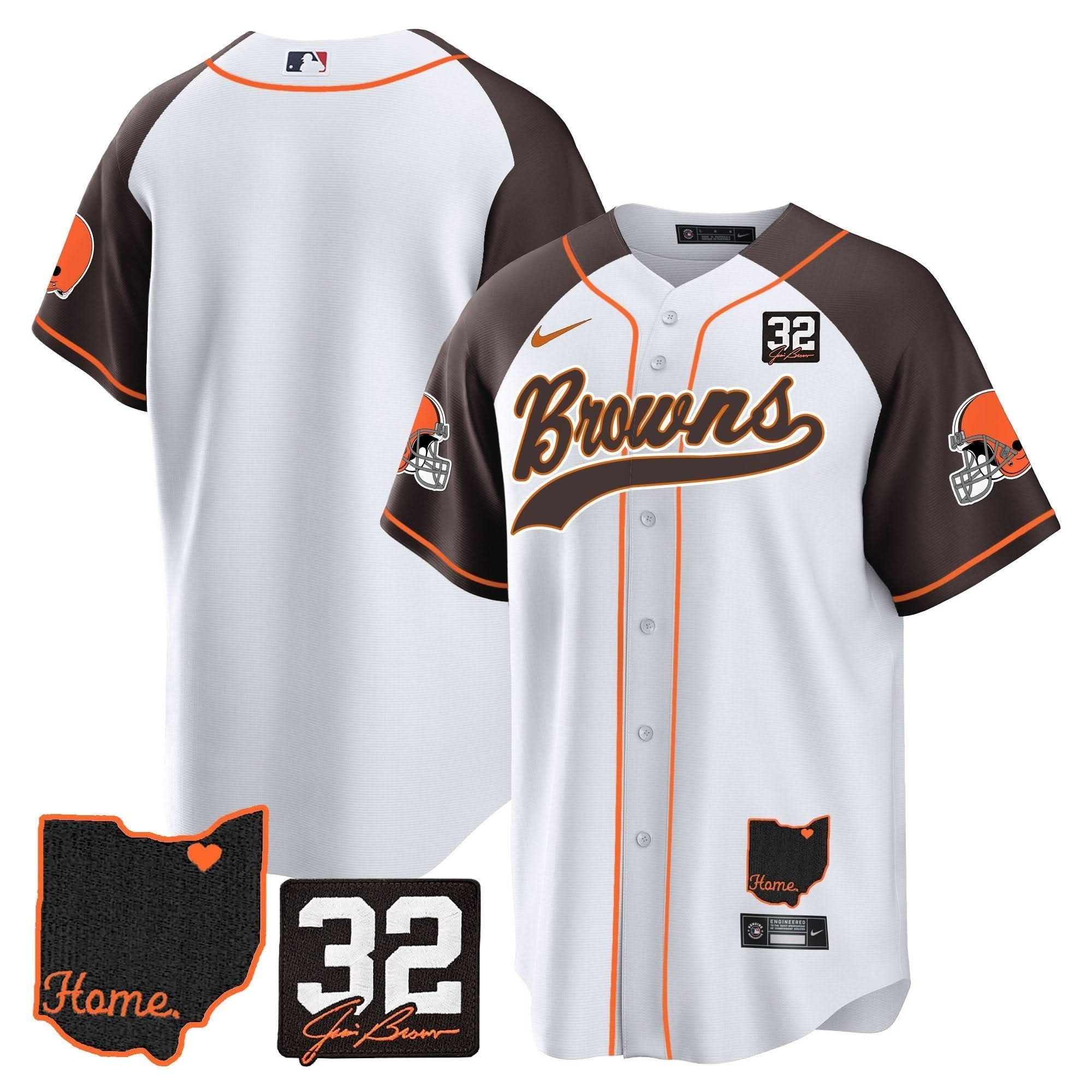 CLE #32 Jim Brown Memorial & Home Patch Baseball Jersey V2 - All Stitched